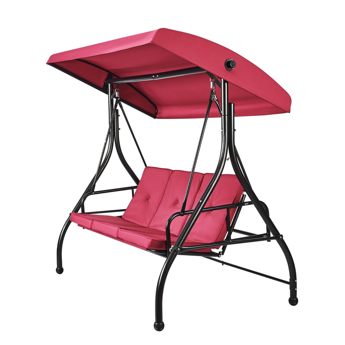 3-Seat Patio Swing Chair, Converting Canopy Swing, Outdoor Patio Porch with Adjustable Canopy, Removable Thick Cushion and Alloy Steel Frame, for Balcony, Backyard, Poolside, Burgundy