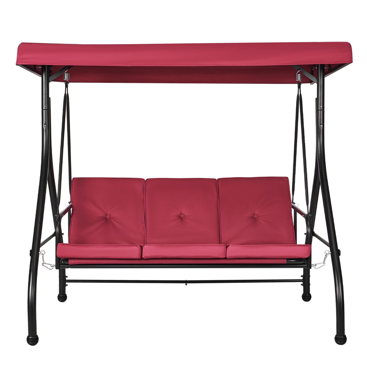 3-Seat Patio Swing Chair, Converting Canopy Swing, Outdoor Patio Porch with Adjustable Canopy, Removable Thick Cushion and Alloy Steel Frame, for Balcony, Backyard, Poolside, Burgundy