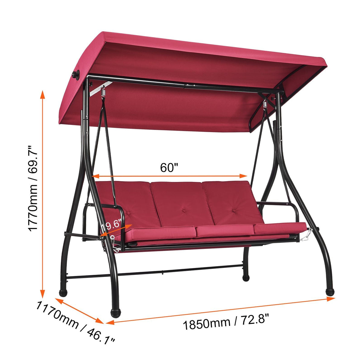3-Seat Patio Swing Chair, Converting Canopy Swing, Outdoor Patio Porch with Adjustable Canopy, Removable Thick Cushion and Alloy Steel Frame, for Balcony, Backyard, Poolside, Burgundy