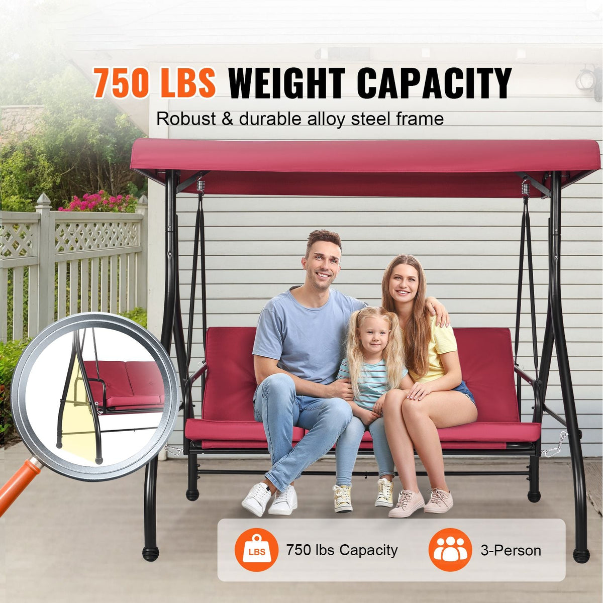 3-Seat Patio Swing Chair, Converting Canopy Swing, Outdoor Patio Porch with Adjustable Canopy, Removable Thick Cushion and Alloy Steel Frame, for Balcony, Backyard, Poolside, Burgundy