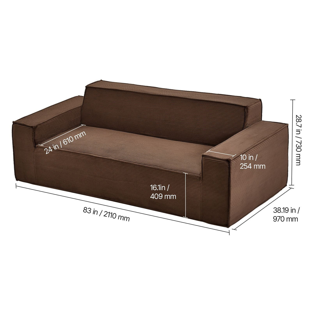 3-Seater Sofa in a Box, 83-Inch No Assembly Corduroy Couch with Memory Foam, Deep Seats for Living Room, Apartment, or Office, Brown