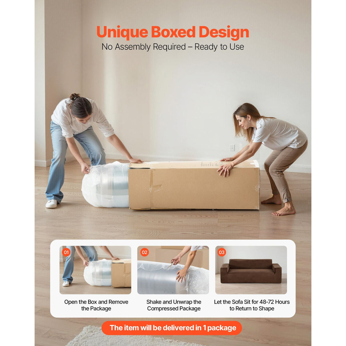 3-Seater Sofa in a Box, 83-Inch No Assembly Corduroy Couch with Memory Foam, Deep Seats for Living Room, Apartment, or Office, Brown