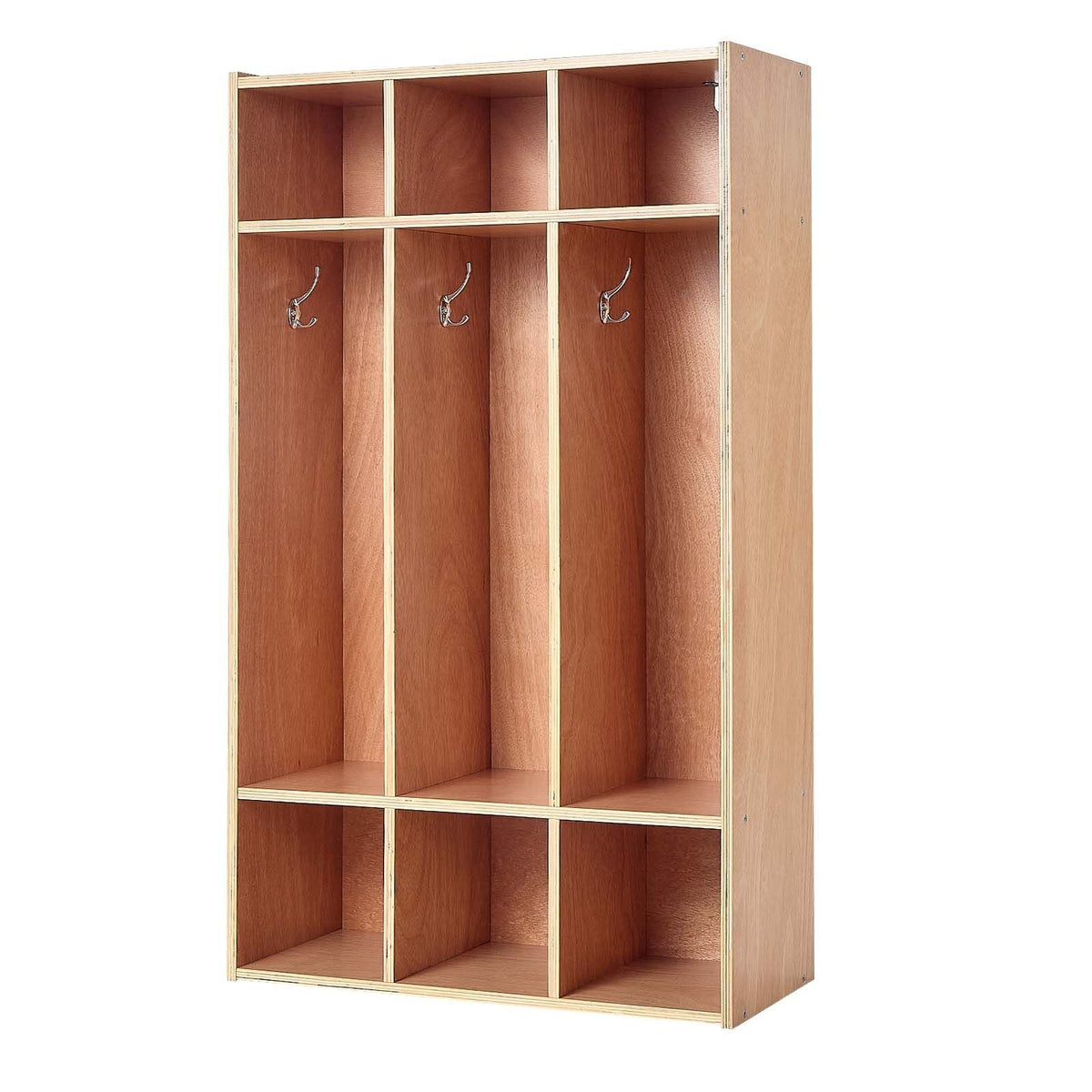 3-Section Kids Coat Locker, Wooden Toddler Cubby Storage Organizer with 6 Hooks & Non-Slip Mat, Modern Kid Coat Cubbies with 6 Small Open Storage Boxes for Home, Kindergarten, Daycare, Natural