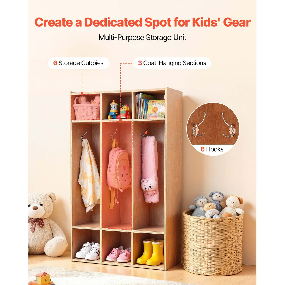 3-Section Kids Coat Locker, Wooden Toddler Cubby Storage Organizer with 6 Hooks & Non-Slip Mat, Modern Kid Coat Cubbies with 6 Small Open Storage Boxes for Home, Kindergarten, Daycare, Natural