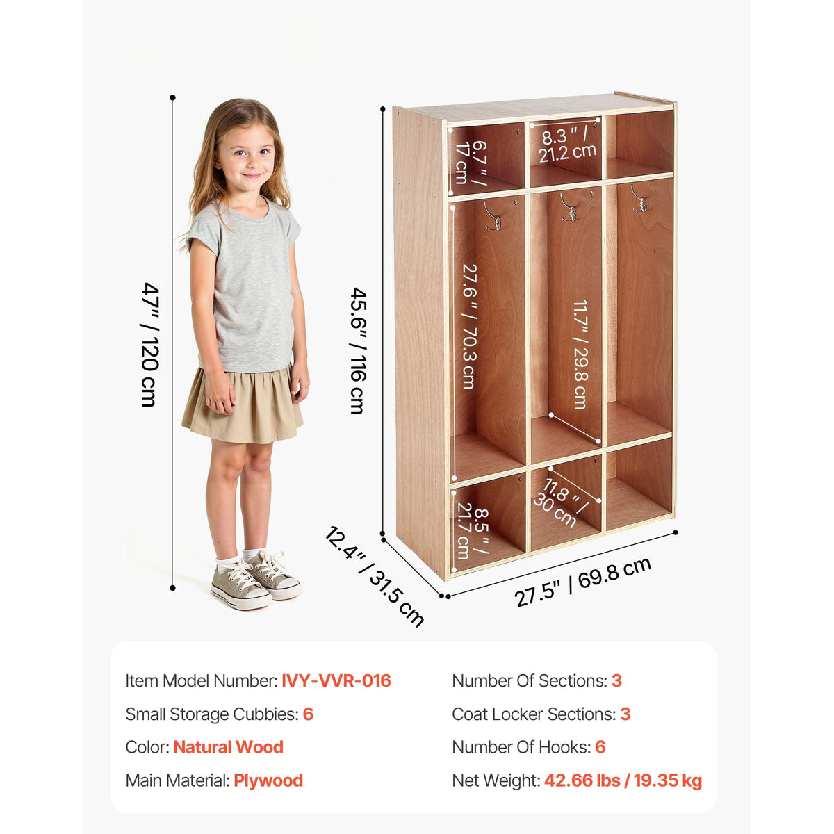 3-Section Kids Coat Locker, Wooden Toddler Cubby Storage Organizer with 6 Hooks & Non-Slip Mat, Modern Kid Coat Cubbies with 6 Small Open Storage Boxes for Home, Kindergarten, Daycare, Natural