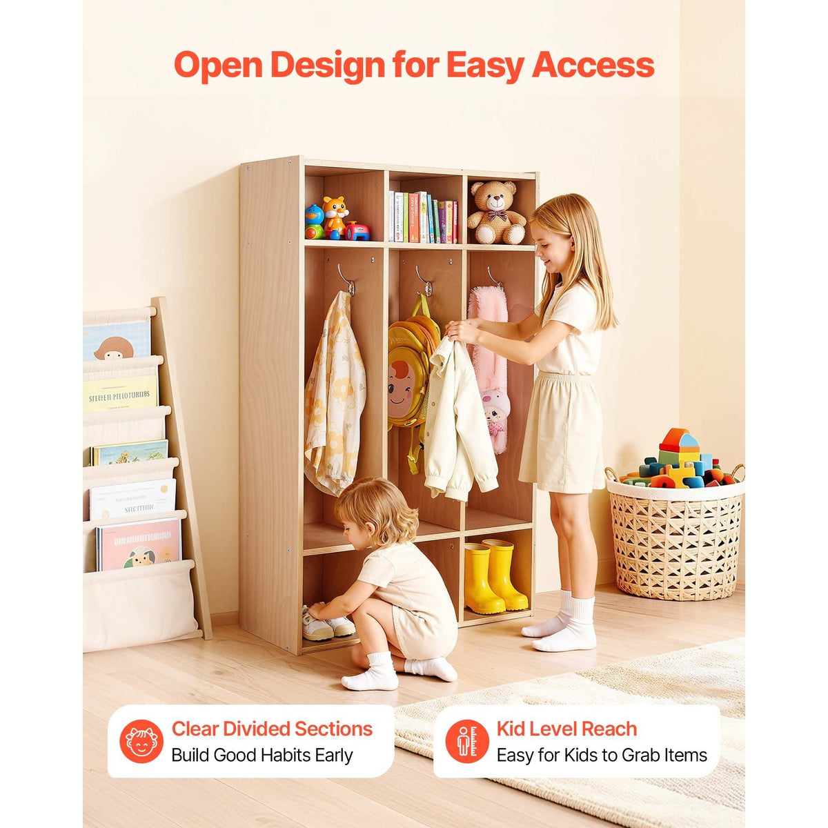 3-Section Kids Coat Locker, Wooden Toddler Cubby Storage Organizer with 6 Hooks & Non-Slip Mat, Modern Kid Coat Cubbies with 6 Small Open Storage Boxes for Home, Kindergarten, Daycare, Natural