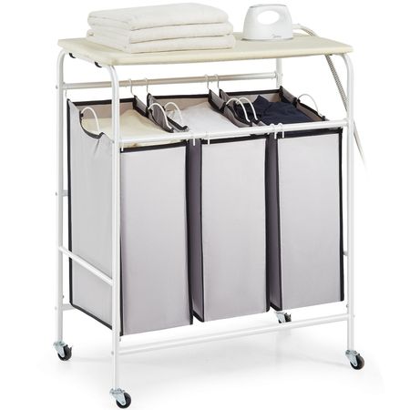 3-Section Laundry Sorter Cart with Ironing Board, Laundry Hamper with Heavy Duty Lockable Wheels and 3 Removable Bag, Rolling Laundry Basket Sorter for Clothes Storage