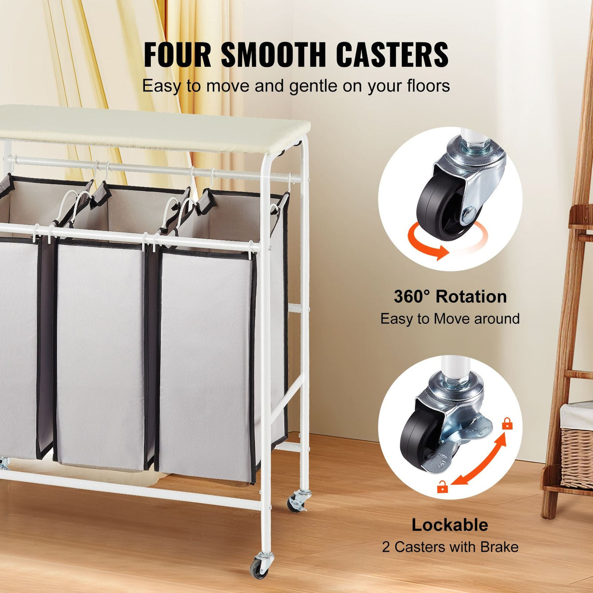 3-Section Laundry Sorter Cart with Ironing Board, Laundry Hamper with Heavy Duty Lockable Wheels and 3 Removable Bag, Rolling Laundry Basket Sorter for Clothes Storage