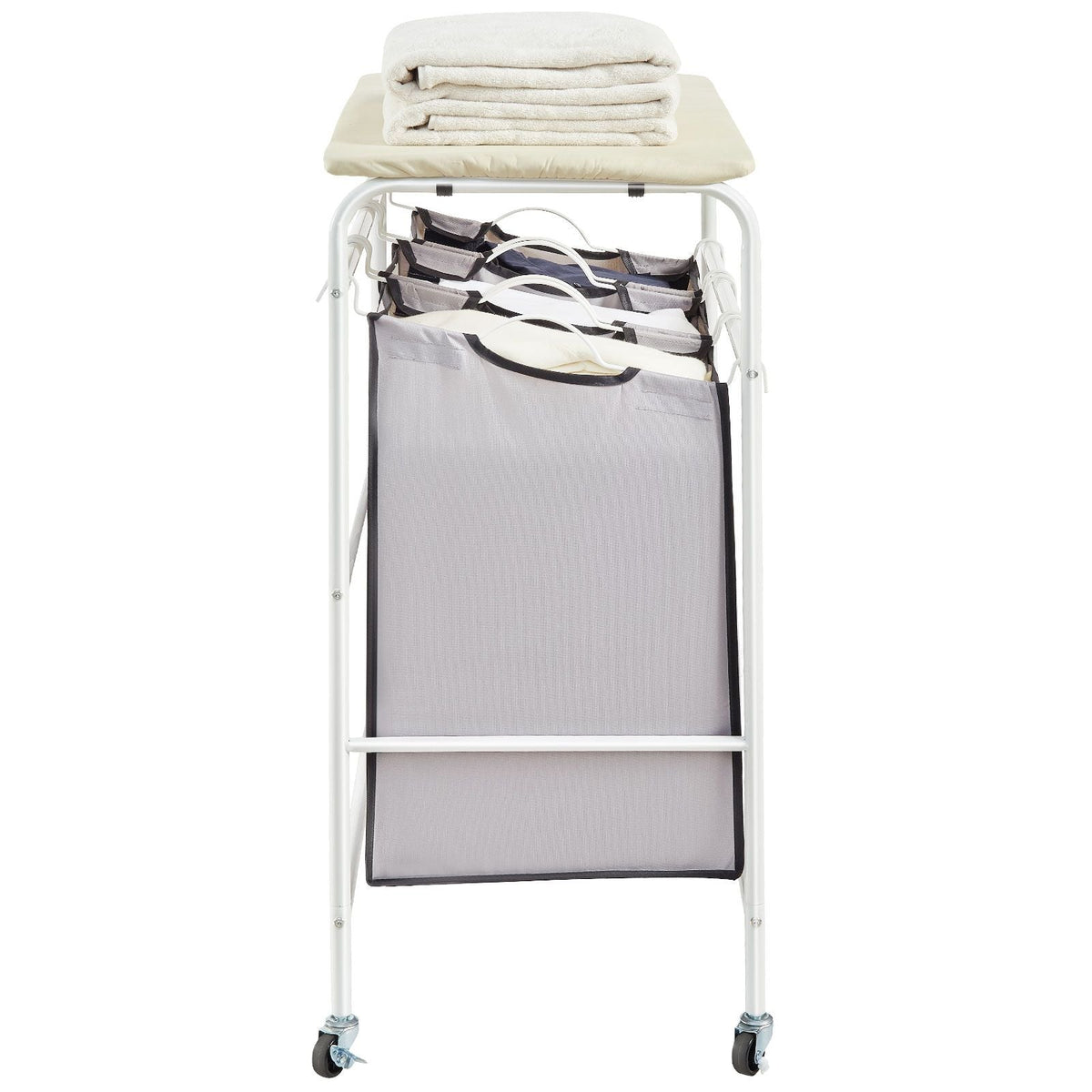 3-Section Laundry Sorter Cart with Ironing Board, Laundry Hamper with Heavy Duty Lockable Wheels and 3 Removable Bag, Rolling Laundry Basket Sorter for Clothes Storage
