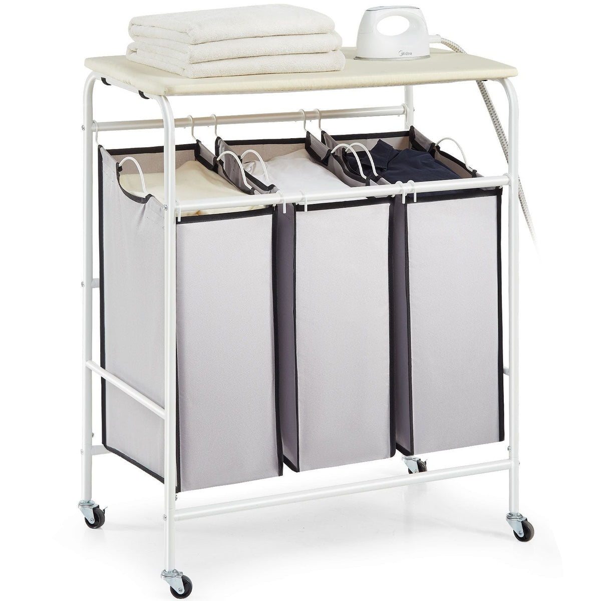 3-Section Laundry Sorter Cart with Ironing Board, Laundry Hamper with Heavy Duty Lockable Wheels and 3 Removable Bag, Rolling Laundry Basket Sorter for Clothes Storage