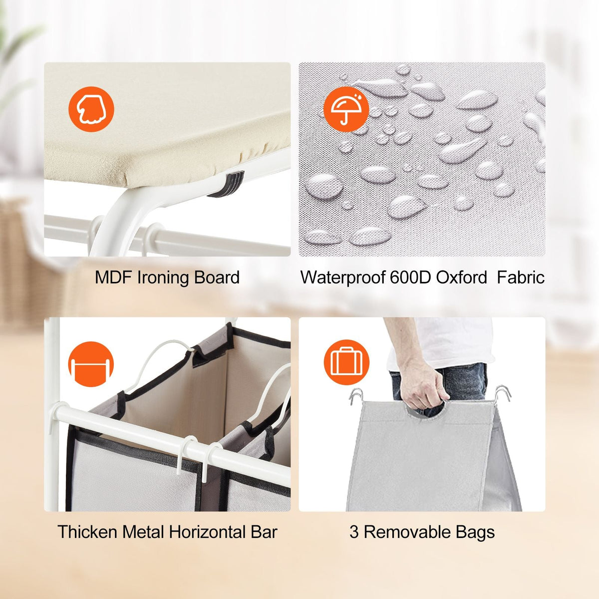 3-Section Laundry Sorter Cart with Ironing Board, Laundry Hamper with Heavy Duty Lockable Wheels and 3 Removable Bag, Rolling Laundry Basket Sorter for Clothes Storage