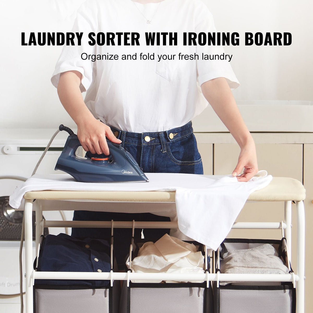3-Section Laundry Sorter Cart with Ironing Board, Laundry Hamper with Heavy Duty Lockable Wheels and 3 Removable Bag, Rolling Laundry Basket Sorter for Clothes Storage