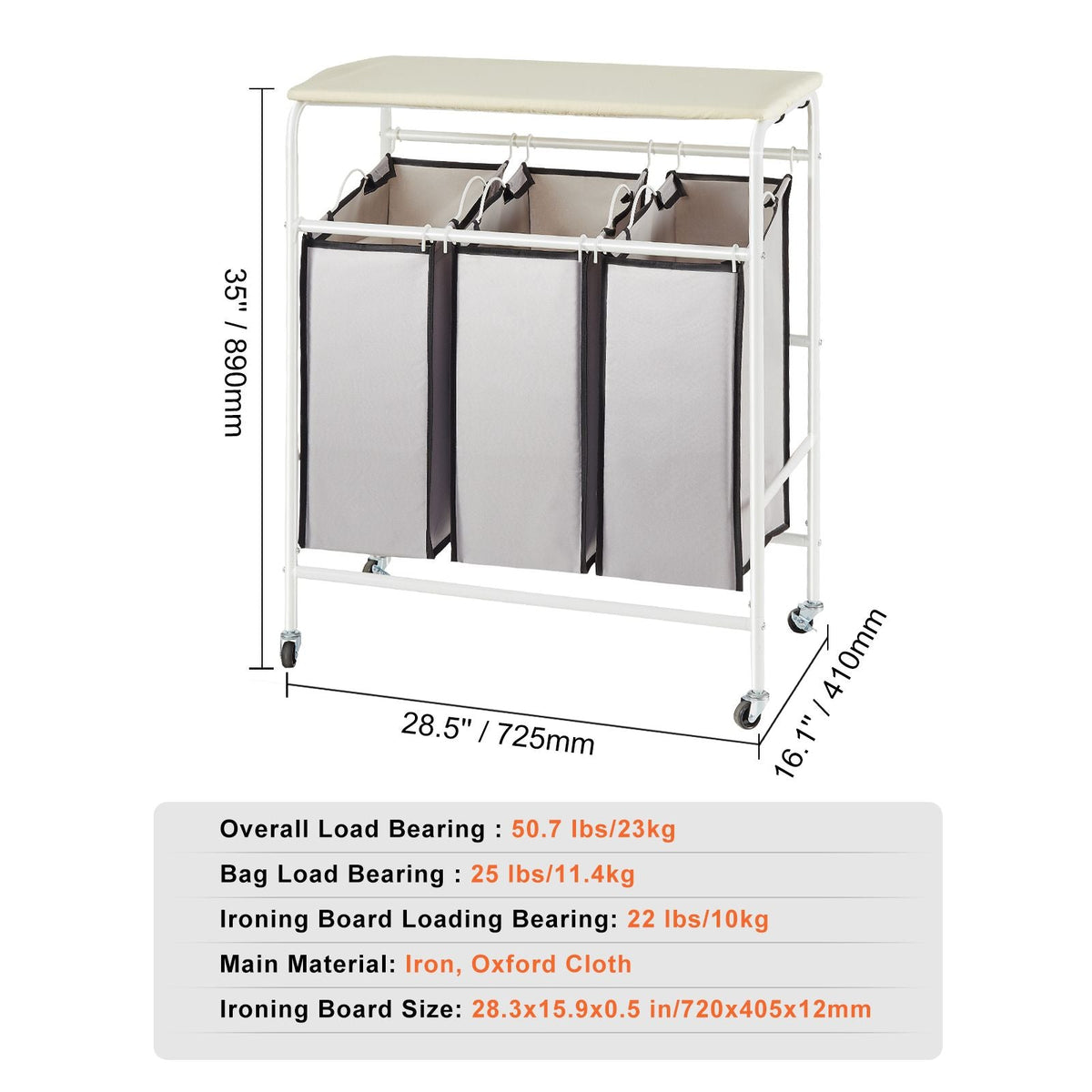 3-Section Laundry Sorter Cart with Ironing Board, Laundry Hamper with Heavy Duty Lockable Wheels and 3 Removable Bag, Rolling Laundry Basket Sorter for Clothes Storage