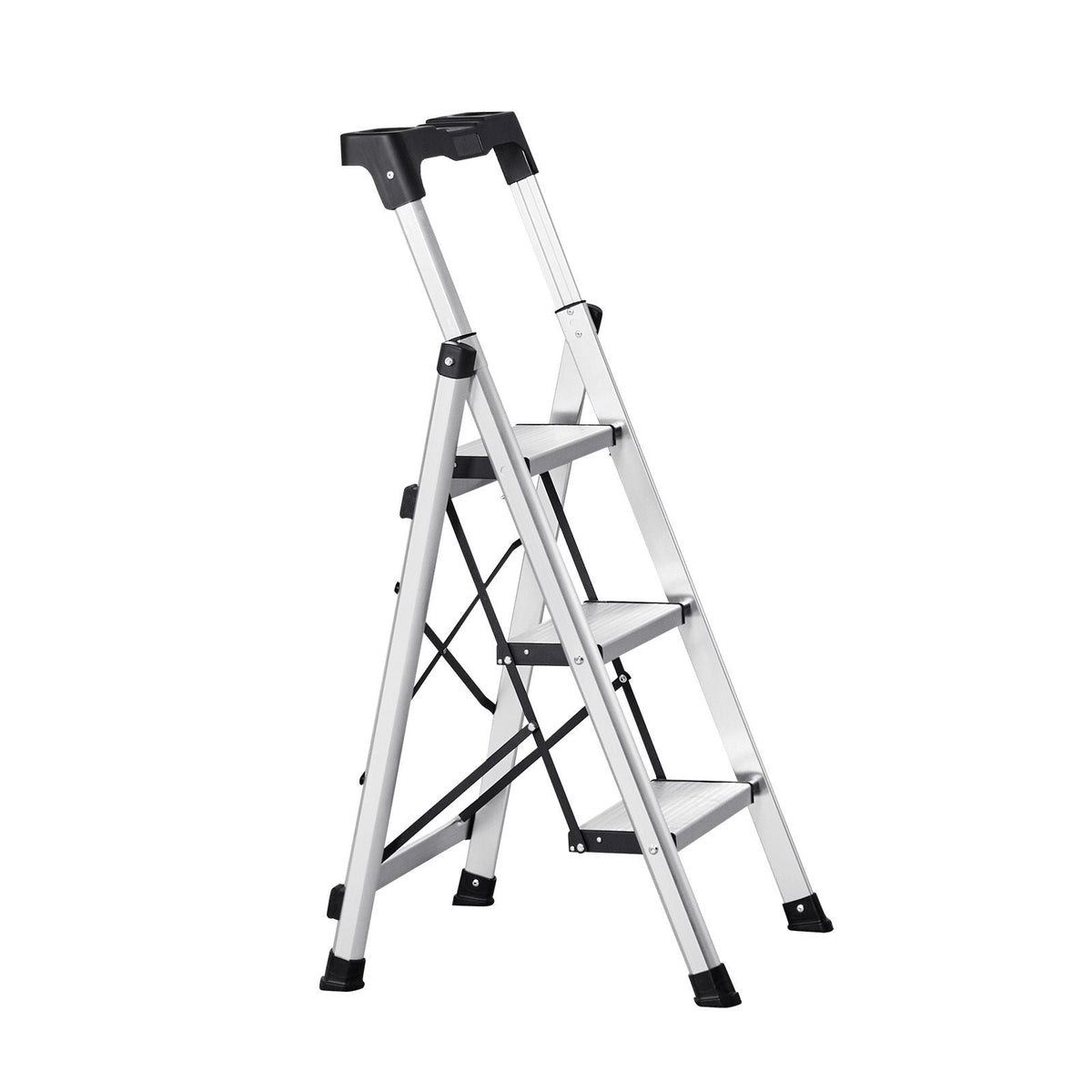 3 Step Ladder, Folding Step Stool with Wide Anti-Slip Pedal and Comfort Handgrip, 330 lbs Capacity Portable Aluminum Stepladder, Multi-Use for Kitchen, Warehouse, Household and Office, Silver