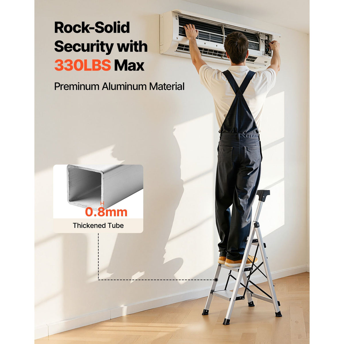 3 Step Ladder, Folding Step Stool with Wide Anti-Slip Pedal and Comfort Handgrip, 330 lbs Capacity Portable Aluminum Stepladder, Multi-Use for Kitchen, Warehouse, Household and Office, Silver