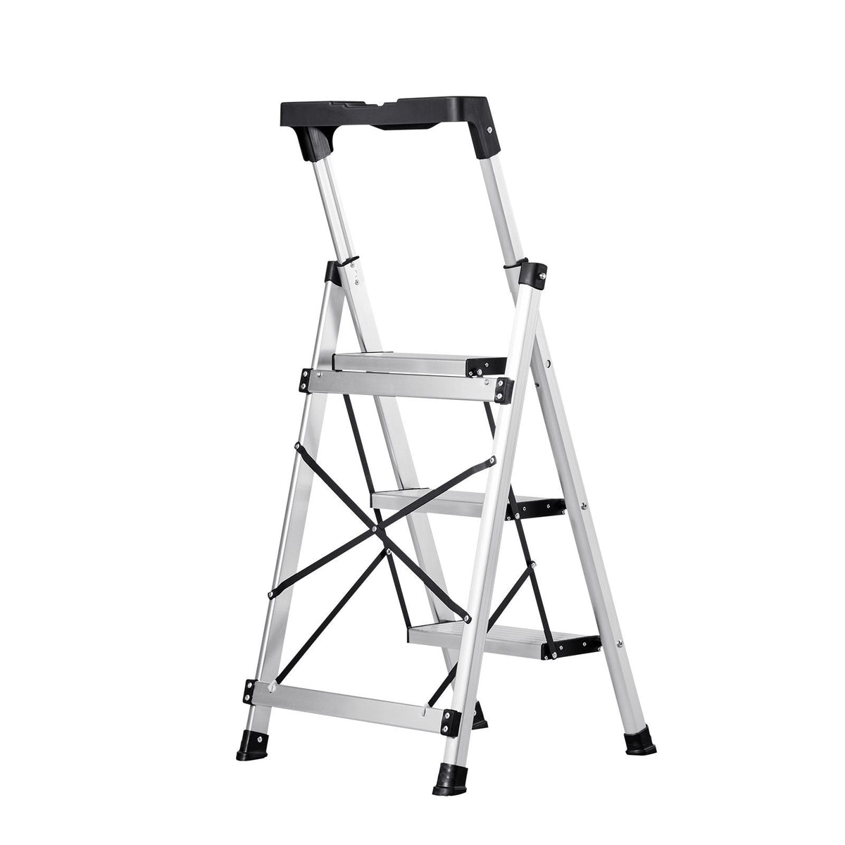 3 Step Ladder, Folding Step Stool with Wide Anti-Slip Pedal and Comfort Handgrip, 330 lbs Capacity Portable Aluminum Stepladder, Multi-Use for Kitchen, Warehouse, Household and Office, Silver