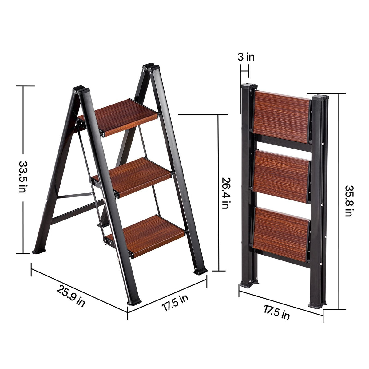 3 Step Ladder, Folding Step Stool with Wide Anti-Slip Pedal and Comfort Handgrip, Lightweight 330 lbs Capacity Portable Aluminum Plant Support, Multi-Use for Adults, Home Repairing, Cleaning
