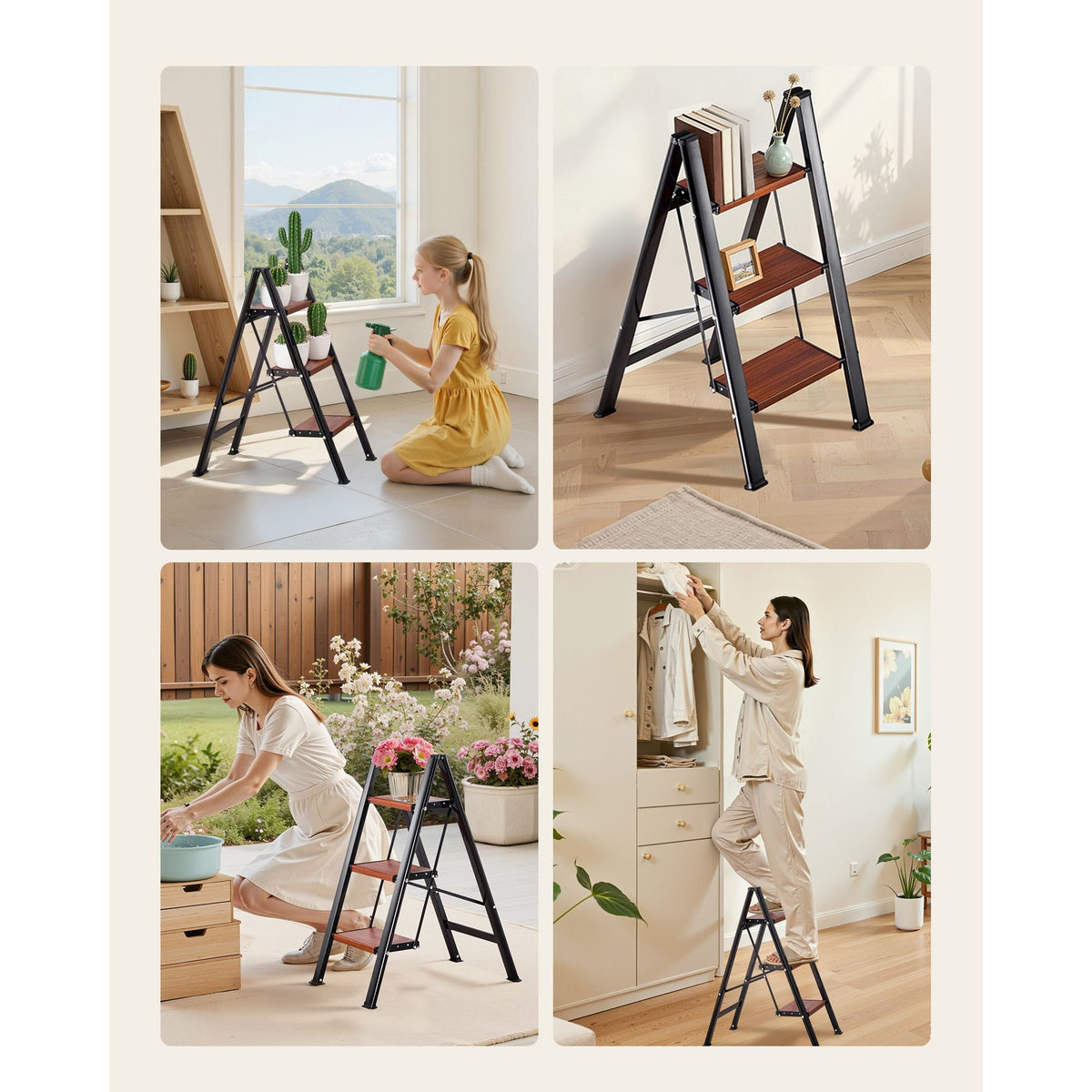 3 Step Ladder, Folding Step Stool with Wide Anti-Slip Pedal and Comfort Handgrip, Lightweight 330 lbs Capacity Portable Aluminum Plant Support, Multi-Use for Adults, Home Repairing, Cleaning