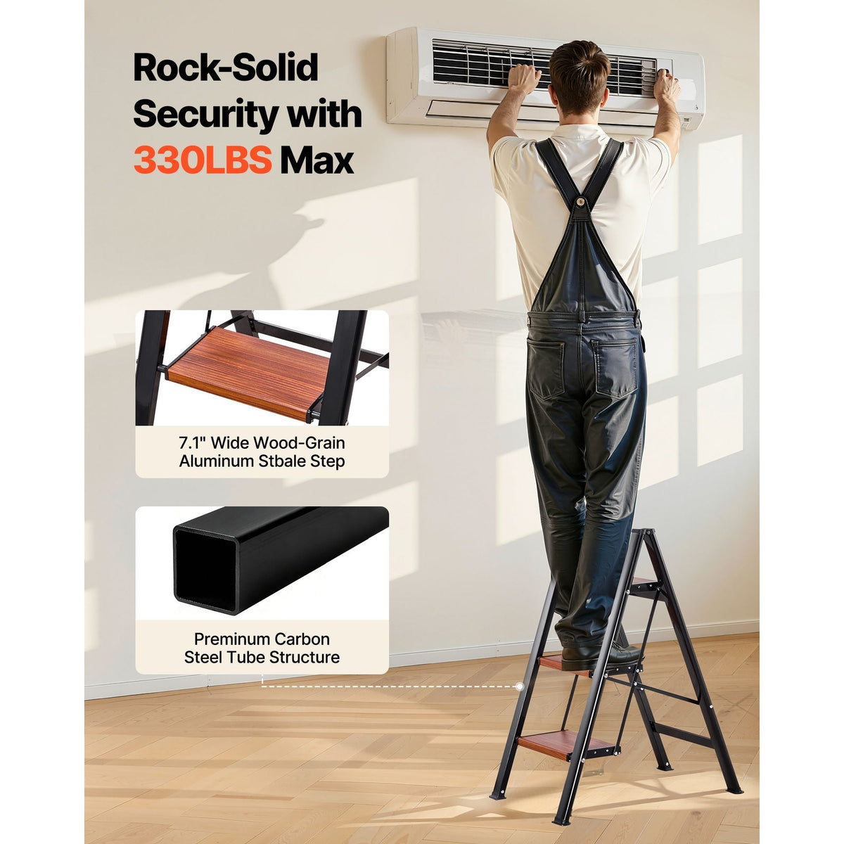 3 Step Ladder, Folding Step Stool with Wide Anti-Slip Pedal and Comfort Handgrip, Lightweight 330 lbs Capacity Portable Aluminum Plant Support, Multi-Use for Adults, Home Repairing, Cleaning
