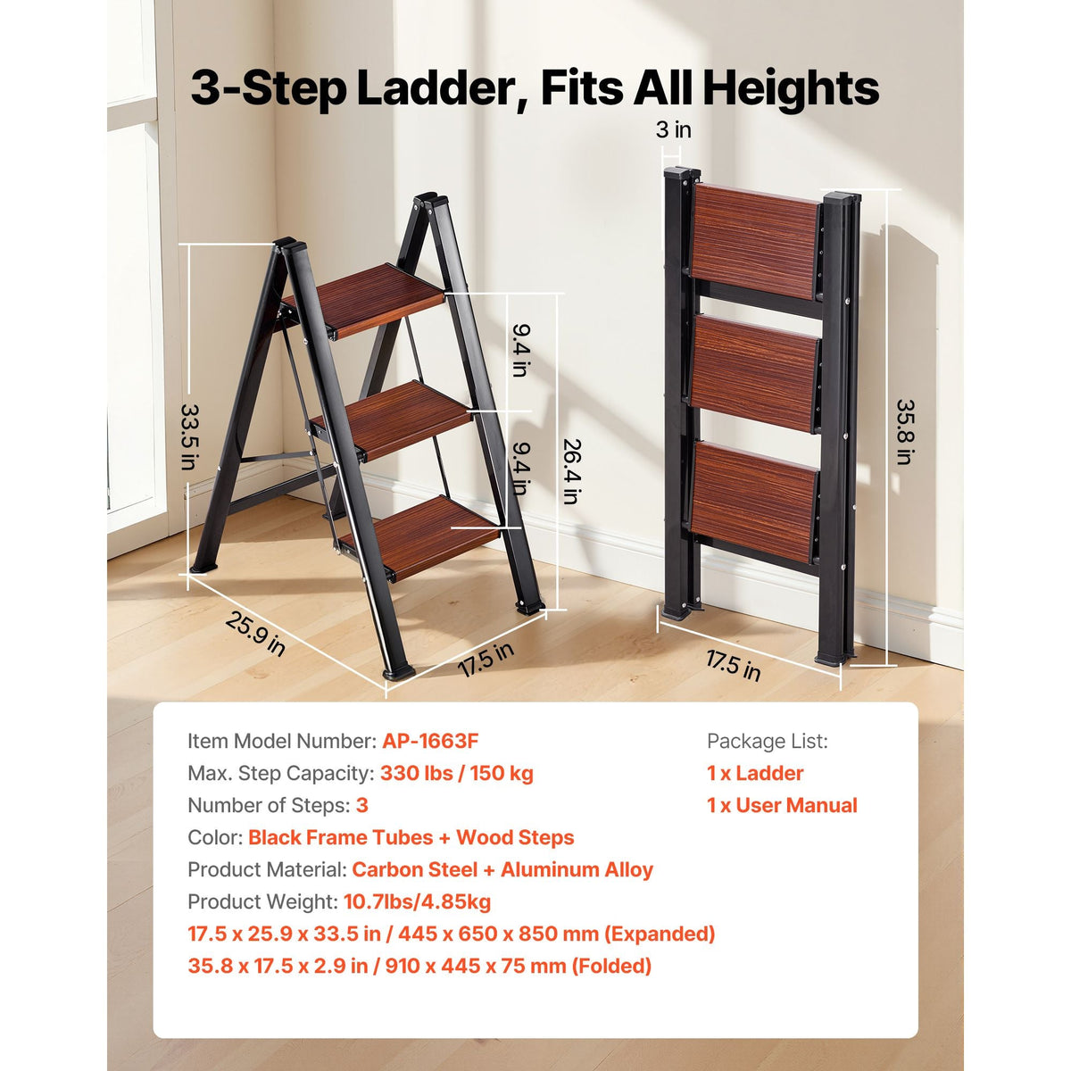 3 Step Ladder, Folding Step Stool with Wide Anti-Slip Pedal and Comfort Handgrip, Lightweight 330 lbs Capacity Portable Aluminum Plant Support, Multi-Use for Adults, Home Repairing, Cleaning