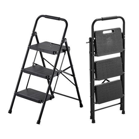 3 Step Ladder, Folding Step Stool with Wide Anti-Slip Pedal and Comfort Handgrip, Lightweight 600 lbs Capacity Portable Steel Ladder, Multi-Use for Kitchen, Home, Household and Office, Black