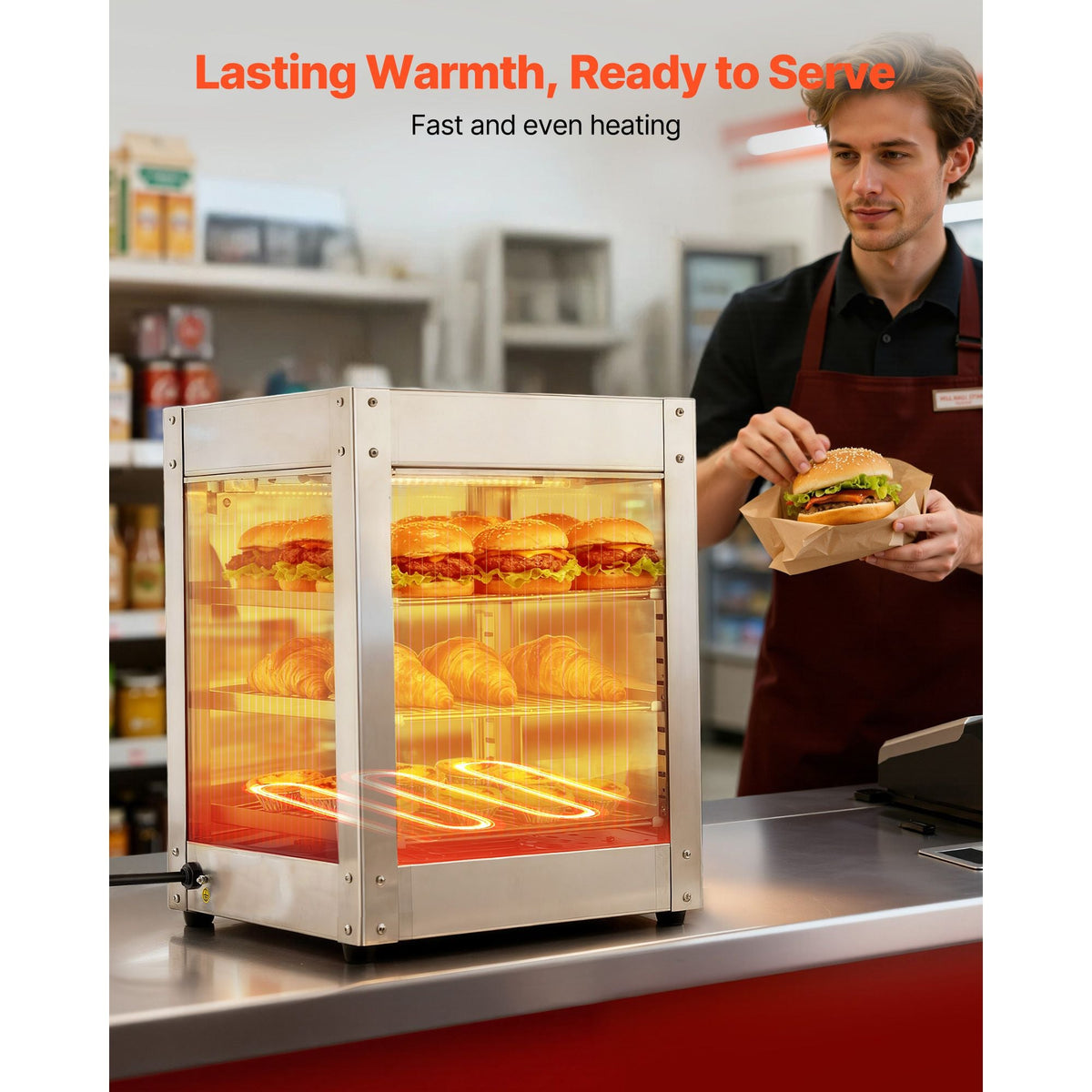 3-Tier Commercial Food Warmer Display, 800W Food Display Warmer with LED Light, Adjustable Shelf and Stainless Steel Frame, 86-185 F Air Heating, 34L for Hamburger, Pizza, Bread, Fried Chicken