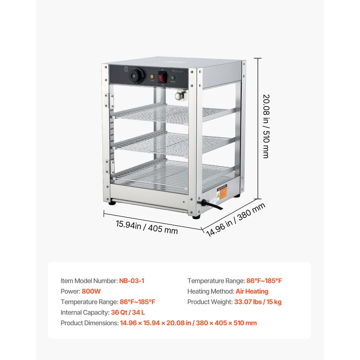 3-Tier Commercial Food Warmer Display, 800W Food Display Warmer with LED Light, Adjustable Shelf and Stainless Steel Frame, 86-185 F Air Heating, 34L for Hamburger, Pizza, Bread, Fried Chicken