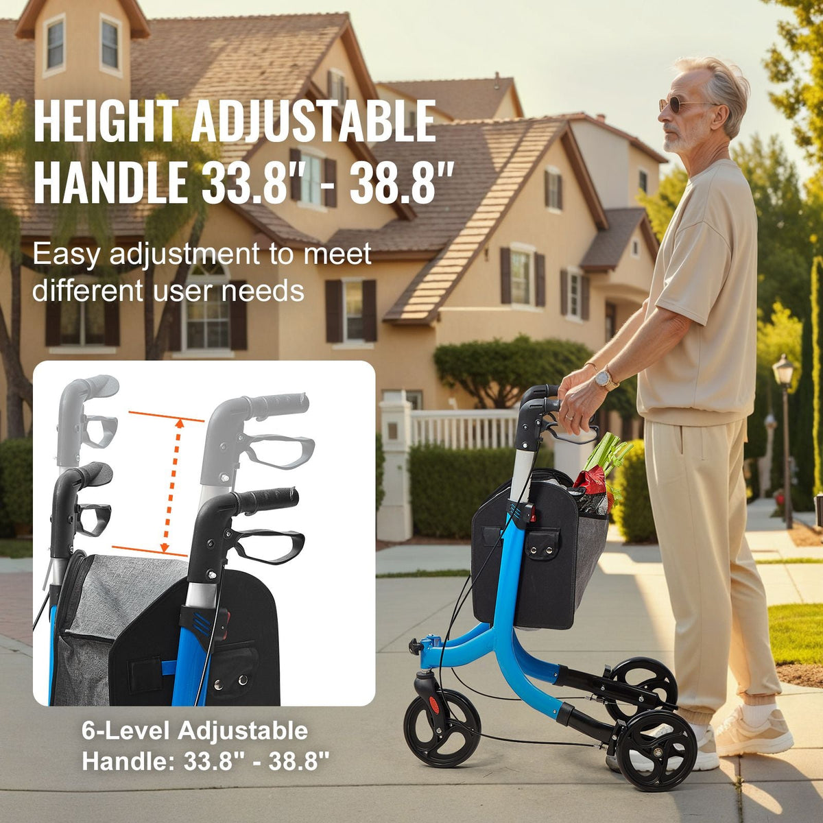 3 Wheels Rollator Walker for Seniors, Lightweight Aluminum Foldable Rolling Walker with Adjustable Handle, Outdoor Trio Mobility Walker with Large Wheels & Spacious Storage Bag, 260LBS Capacity