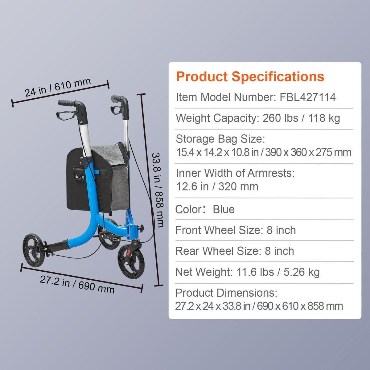3 Wheels Rollator Walker for Seniors, Lightweight Aluminum Foldable Rolling Walker with Adjustable Handle, Outdoor Trio Mobility Walker with Large Wheels & Spacious Storage Bag, 260LBS Capacity