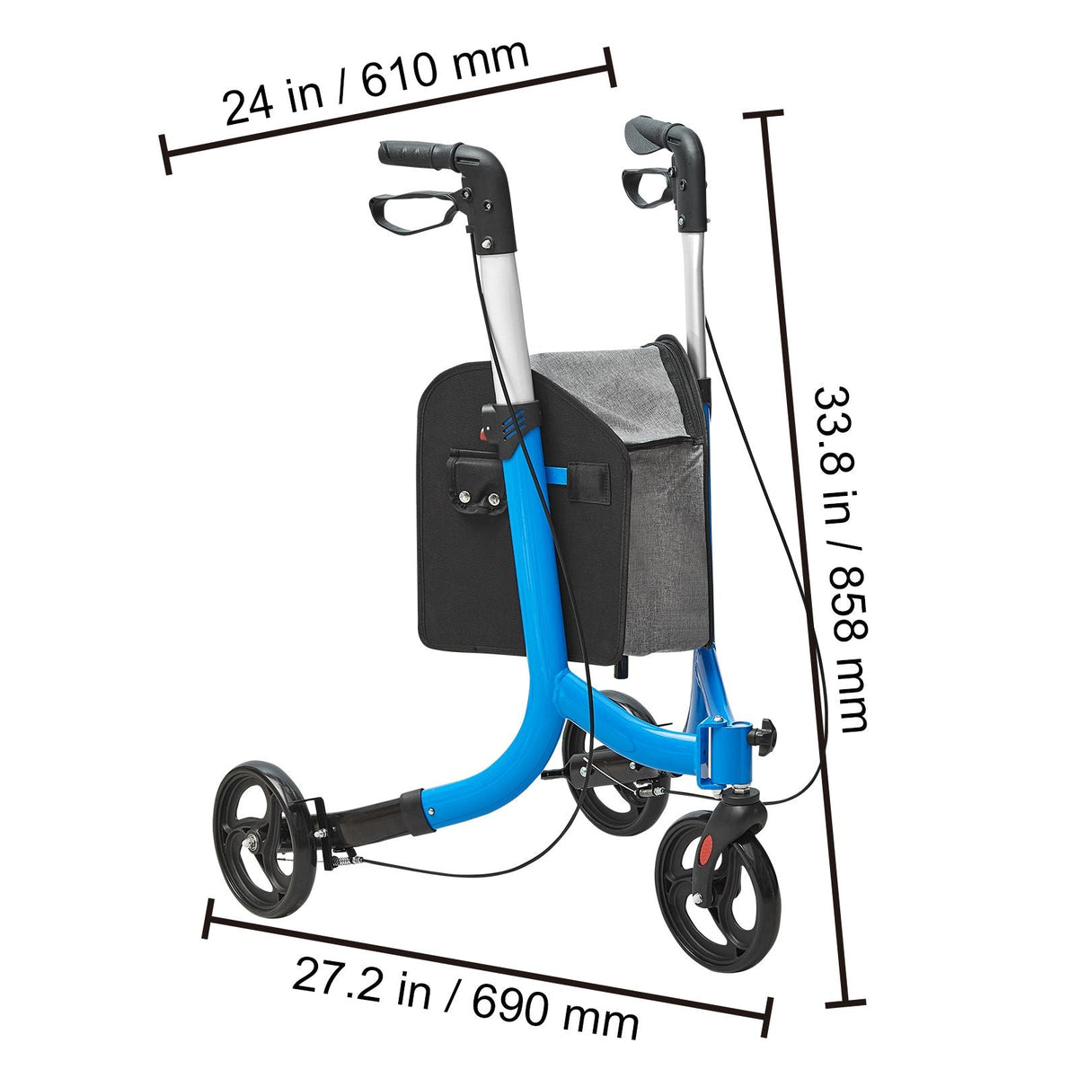 3 Wheels Rollator Walker for Seniors, Lightweight Aluminum Foldable Rolling Walker with Adjustable Handle, Outdoor Trio Mobility Walker with Large Wheels & Spacious Storage Bag, 260LBS Capacity