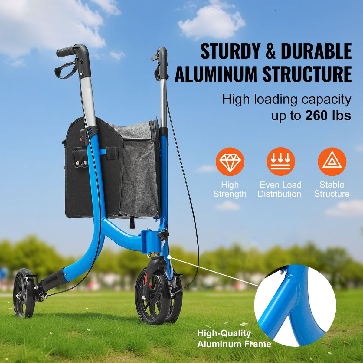 3 Wheels Rollator Walker for Seniors, Lightweight Aluminum Foldable Rolling Walker with Adjustable Handle, Outdoor Trio Mobility Walker with Large Wheels & Spacious Storage Bag, 260LBS Capacity
