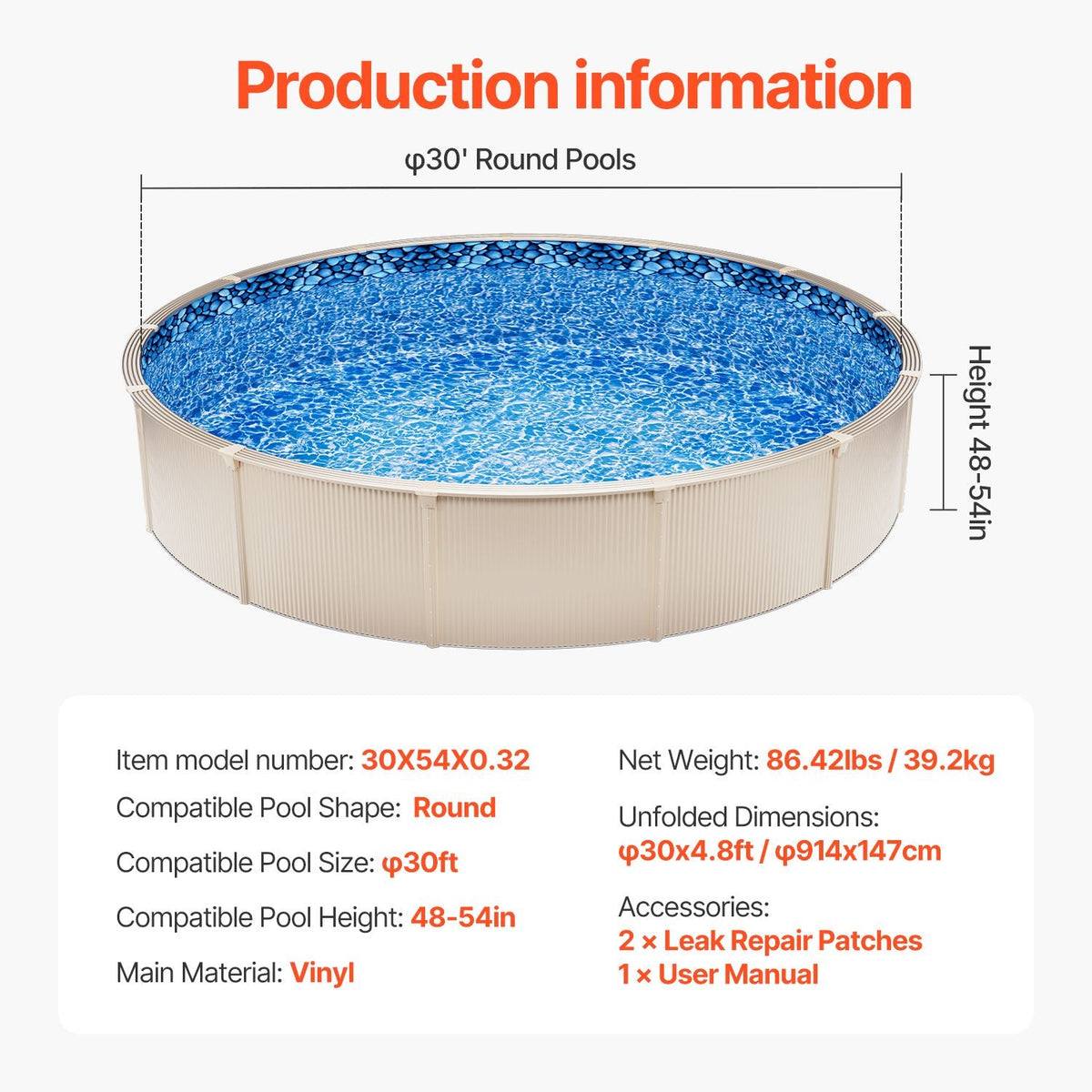 30-ft Round Above Ground Pool Liner, Overlap Pool Liners, Standard Gauge Vinyl, 48-to-54inch Wall Height, Designed for Steel Sided Above-Ground Swimming Pools