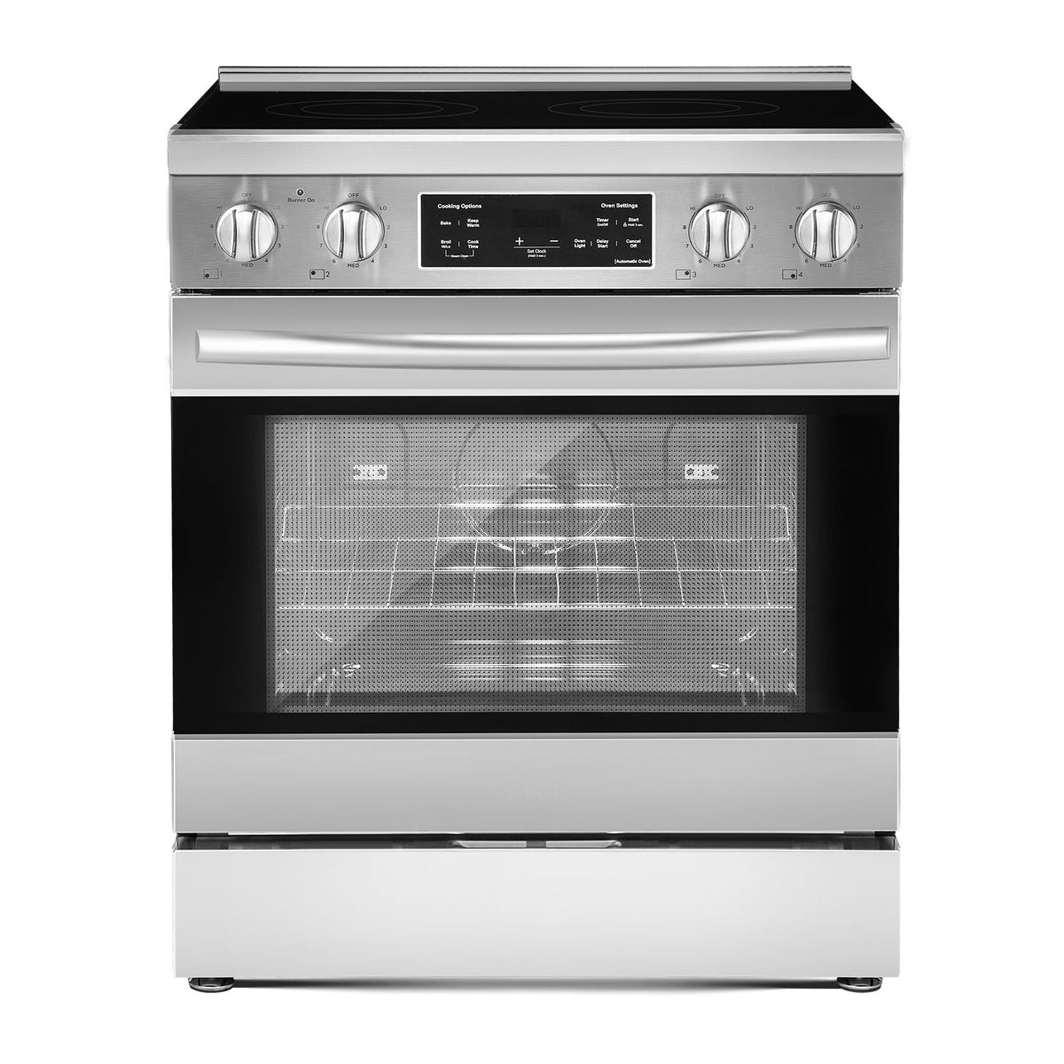 30 in Electric Range Oven, 4.8 Cu. Ft. Capacity Compact Freestanding Oven, Stainless Steel Kitchen Stove, with 4 Cooktop Burners, Timer, Easy Reach Racks, Storage Drawer, Light(No Power Cord)