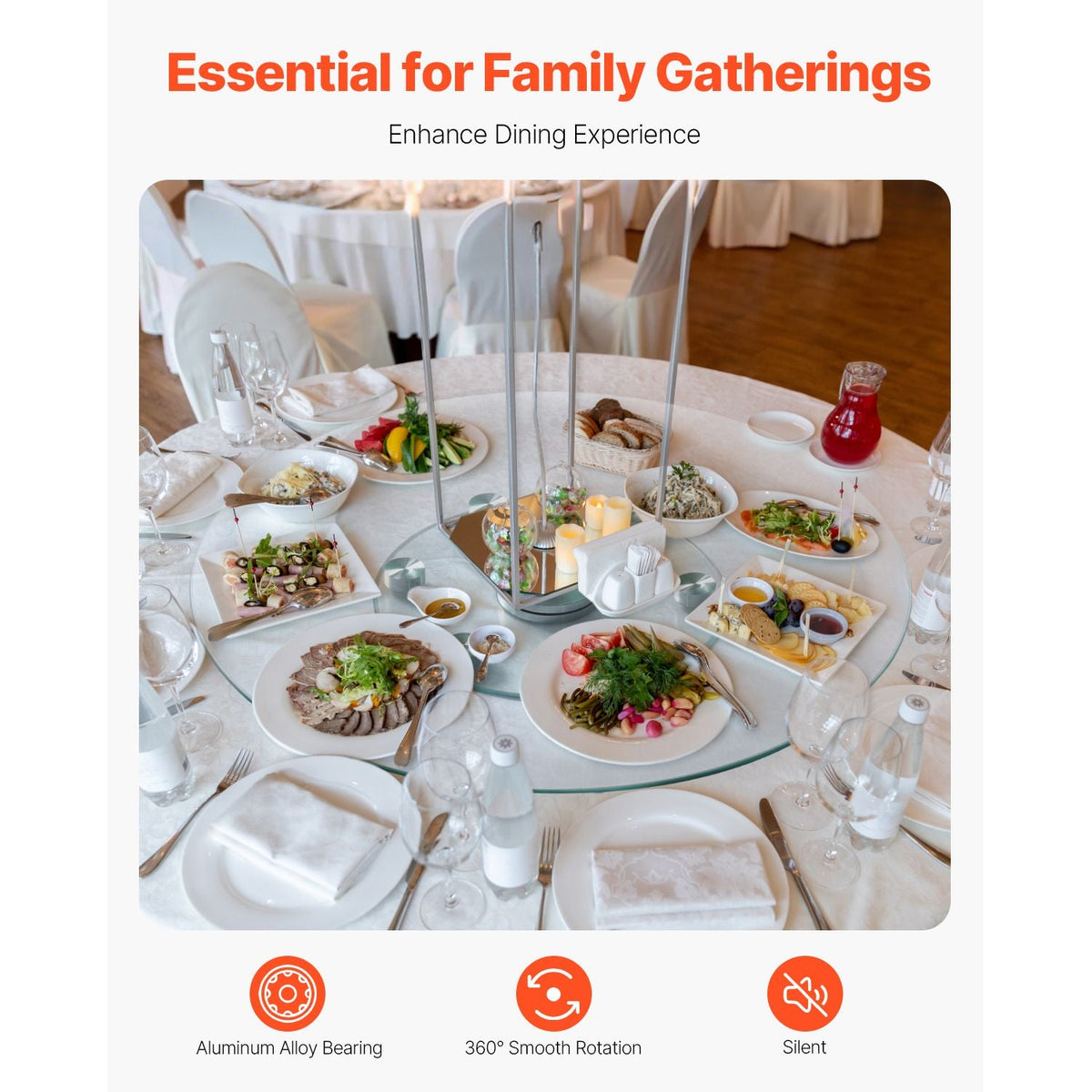 30 in Glass Lazy Susan Turntable, Tempered Glass Dining Table Centerpiece with 6 Rotating Wheels, 360° Smooth and Silent Spin Tabletop Rotating Tray, for Family Gatherings, Banquets & Weddings