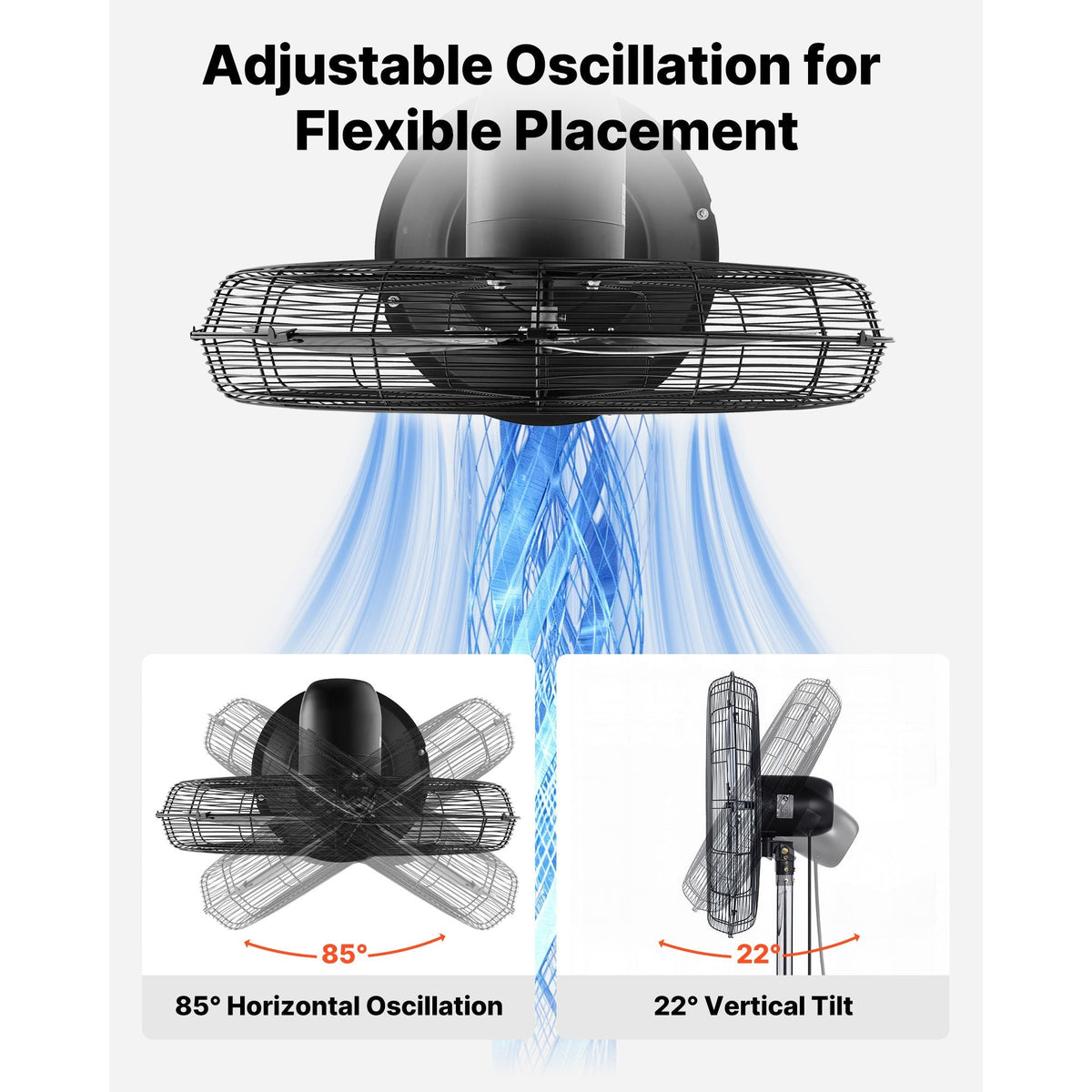 30-Inch High Velocity Pedestal Fan, 9100 CFM Industrial Standing Floor Fan with 85° Oscillating, 3-Speed Adjustable Height, IP44 Waterproof, Carbon Steel for Commercial, Garage, Workshop, Black