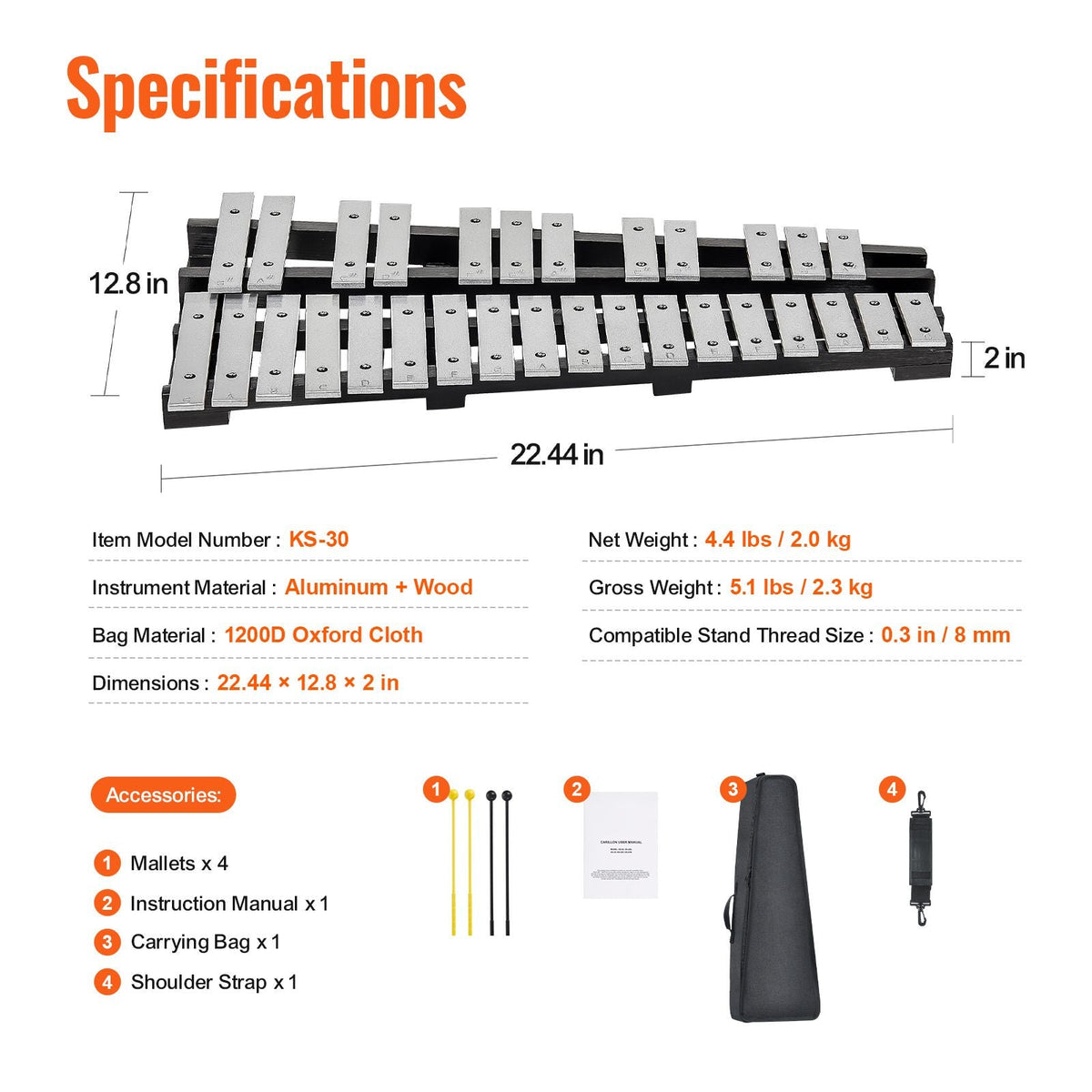 30 Note Glockenspiel Xylophone Bell Kit, Percussion Instrument with Mallets, Drum Sticks and Carrying Bag, Professional Glockenspiel Xylophone Percussion Instrument Set for Students & Adults