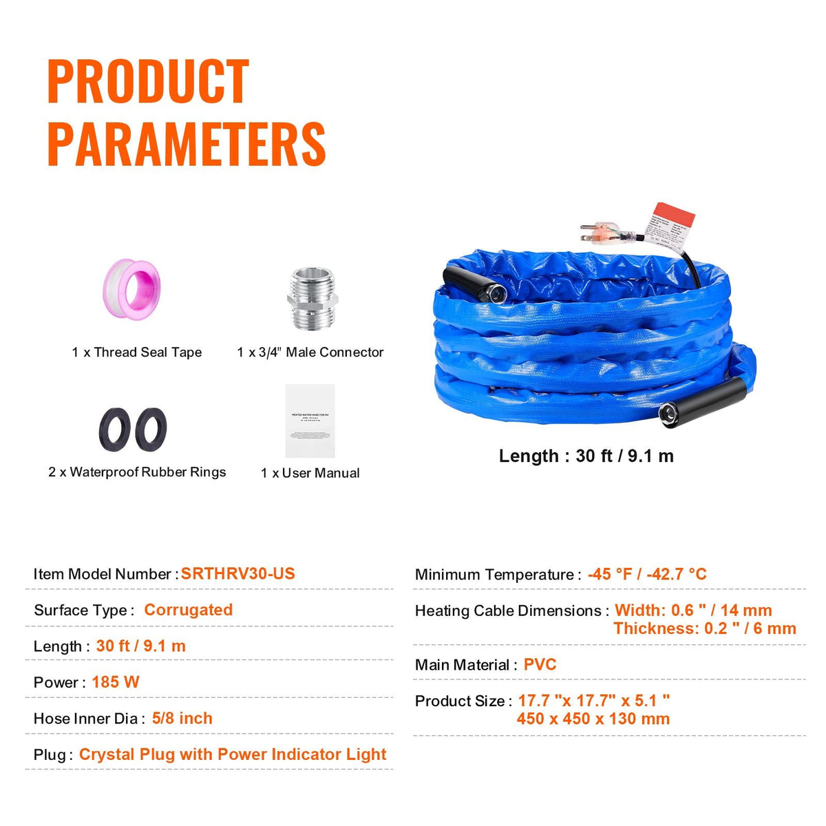 30ft Heated Water Hose for RV, Heated Drinking Water Hose with Corrugated Cover Antifreeze to -45 Fahrenheit , Automatic Self-regulating, 5/8" I.D. with 3/4" GHT Adapter, Lead and BPA Free