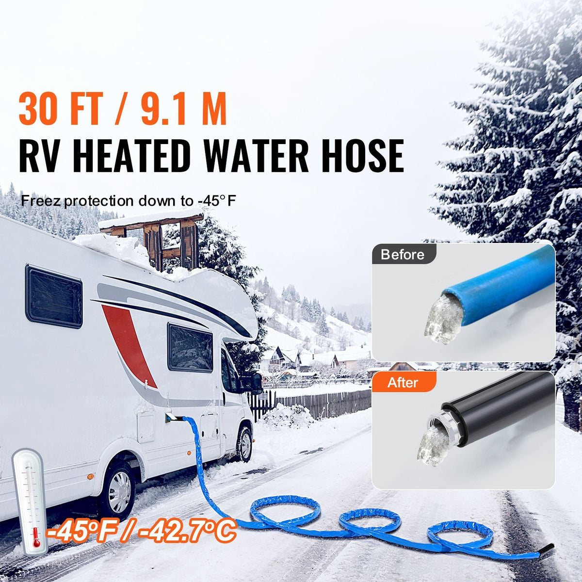 30ft Heated Water Hose for RV, Heated Drinking Water Hose with Corrugated Cover Antifreeze to -45 Fahrenheit , Automatic Self-regulating, 5/8" I.D. with 3/4" GHT Adapter, Lead and BPA Free