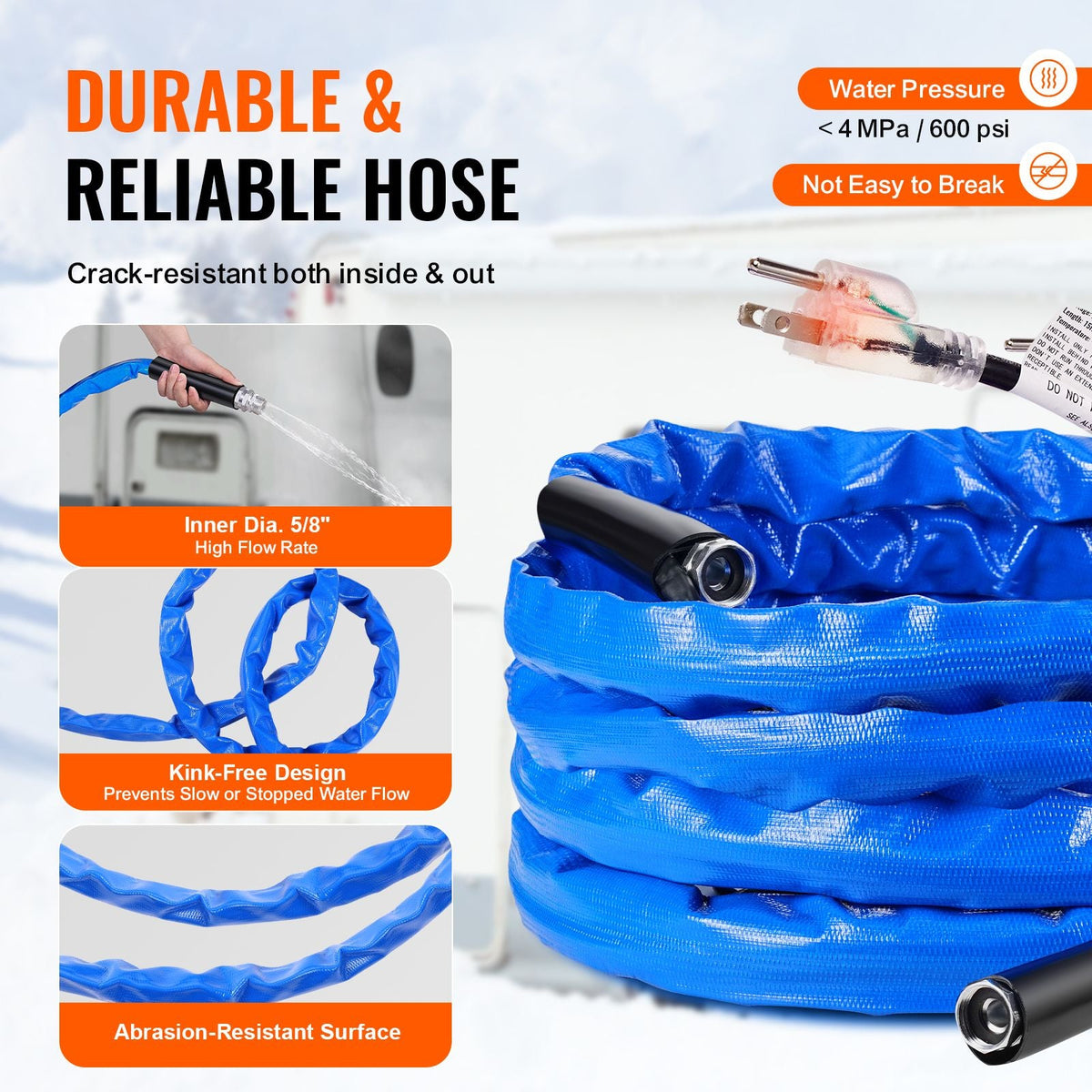 30ft Heated Water Hose for RV, Heated Drinking Water Hose with Corrugated Cover Antifreeze to -45 Fahrenheit , Automatic Self-regulating, 5/8" I.D. with 3/4" GHT Adapter, Lead and BPA Free