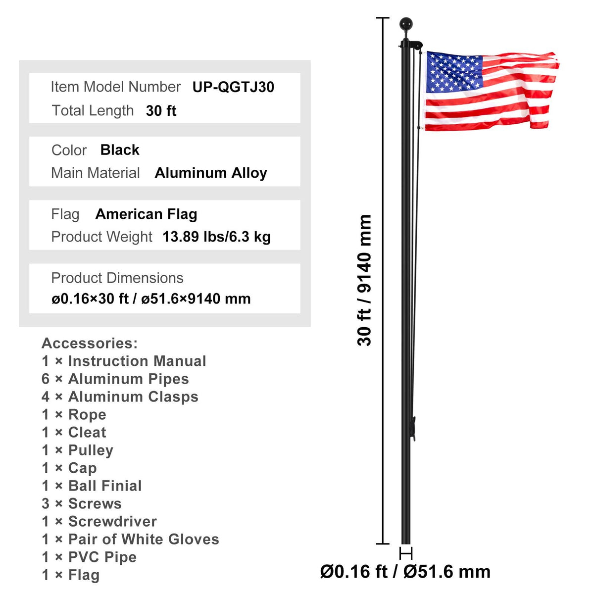 30FT Sectional Flag pole Kit, Heavy Duty Aluminum Alloy in Ground Flag poles for Outside, 3 Display Modes Flagpole with 3x5 American Flag, Professional Accessories, Black