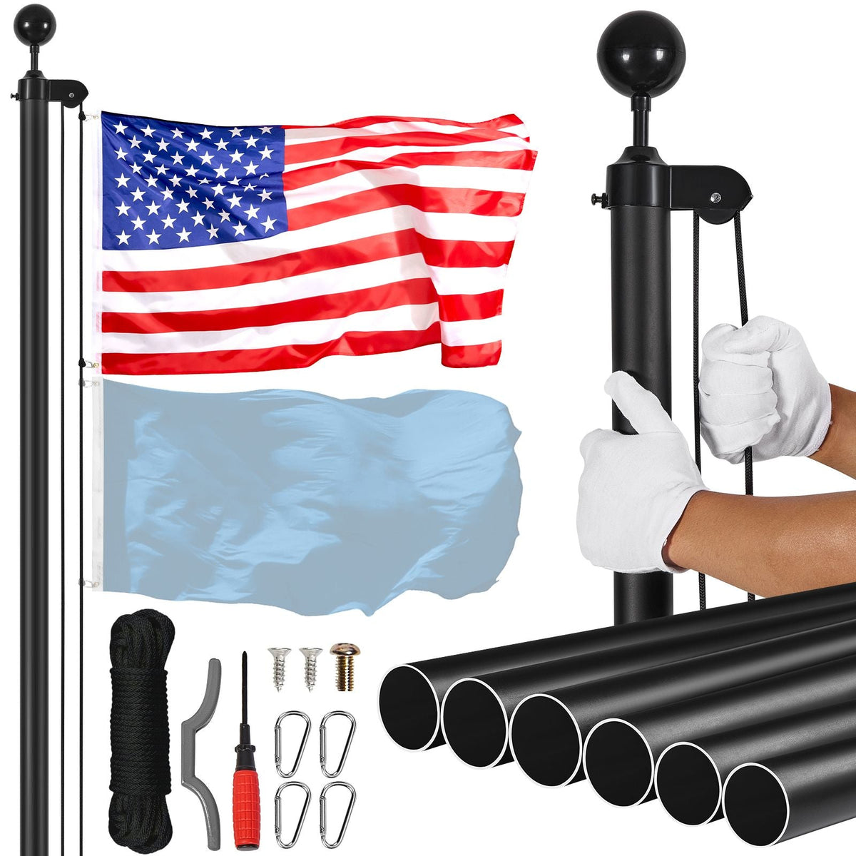 30FT Sectional Flag pole Kit, Heavy Duty Aluminum Alloy in Ground Flag poles for Outside, 3 Display Modes Flagpole with 3x5 American Flag, Professional Accessories, Black