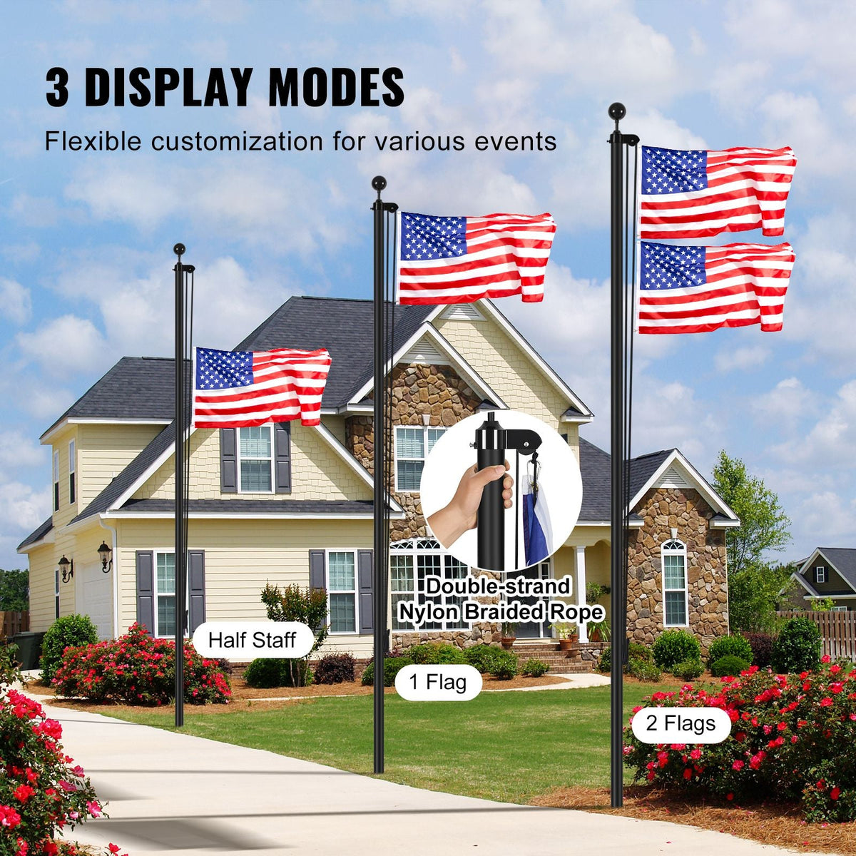 30FT Sectional Flag pole Kit, Heavy Duty Aluminum Alloy in Ground Flag poles for Outside, 3 Display Modes Flagpole with 3x5 American Flag, Professional Accessories, Black