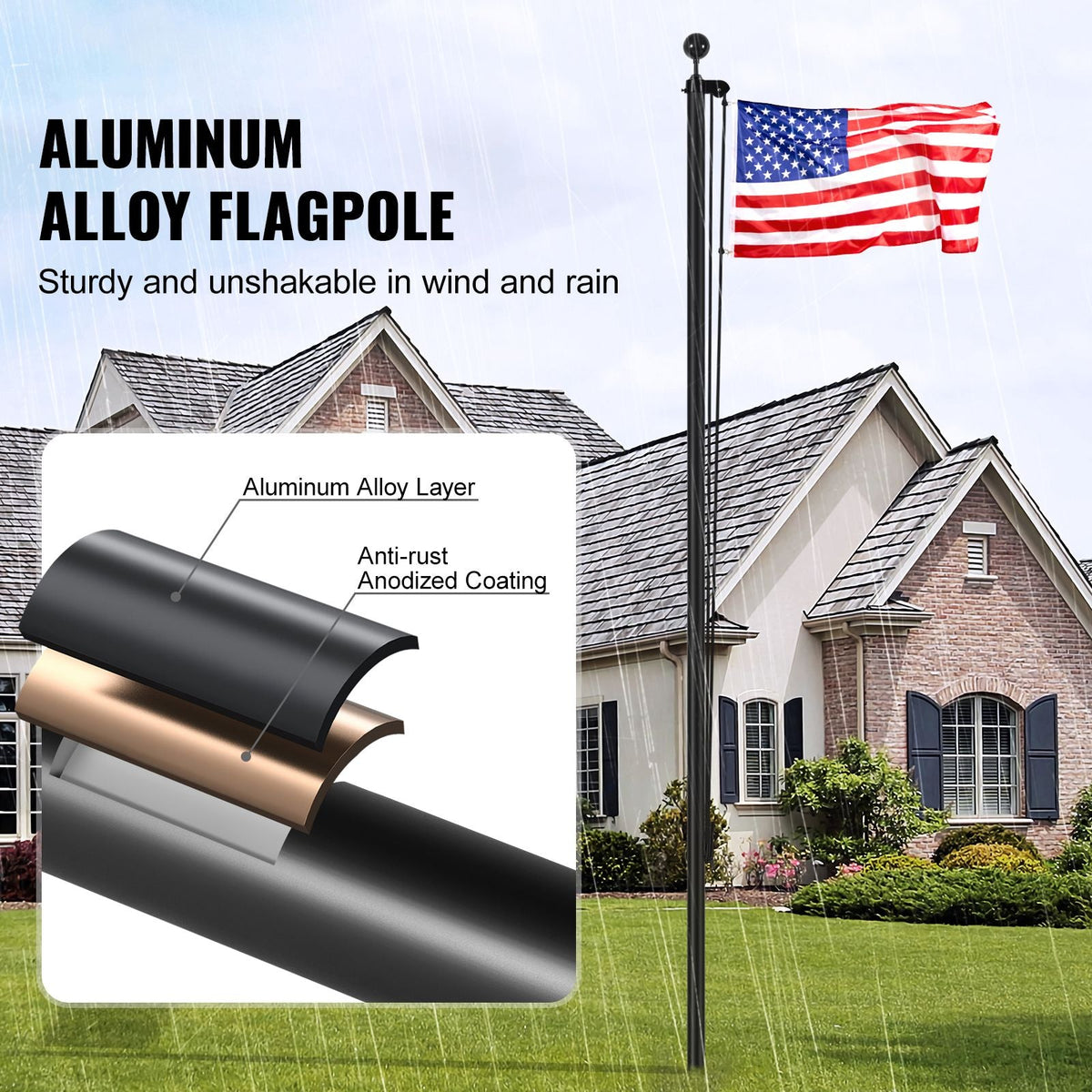 30FT Sectional Flag pole Kit, Heavy Duty Aluminum Alloy in Ground Flag poles for Outside, 3 Display Modes Flagpole with 3x5 American Flag, Professional Accessories, Black