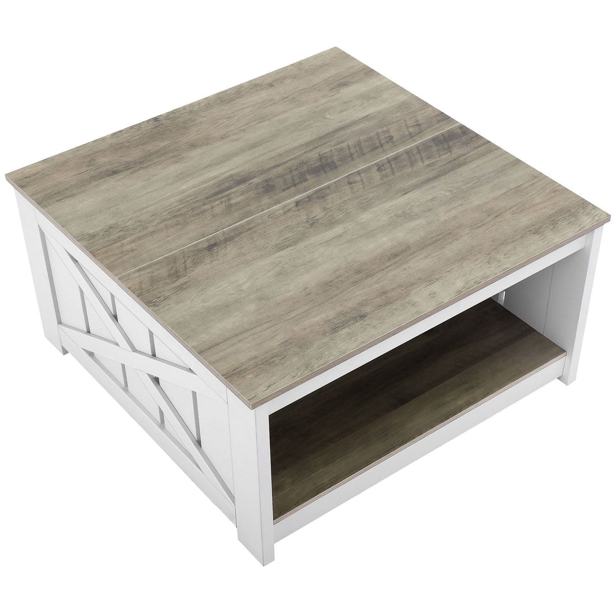 31.5" Farmhouse Coffee Table, Square Coffee Table with Open Storage Compartment, Wooden Rustic Cocktail Table for Living Room, Bedroom, Apartment, Studio, Gray & White