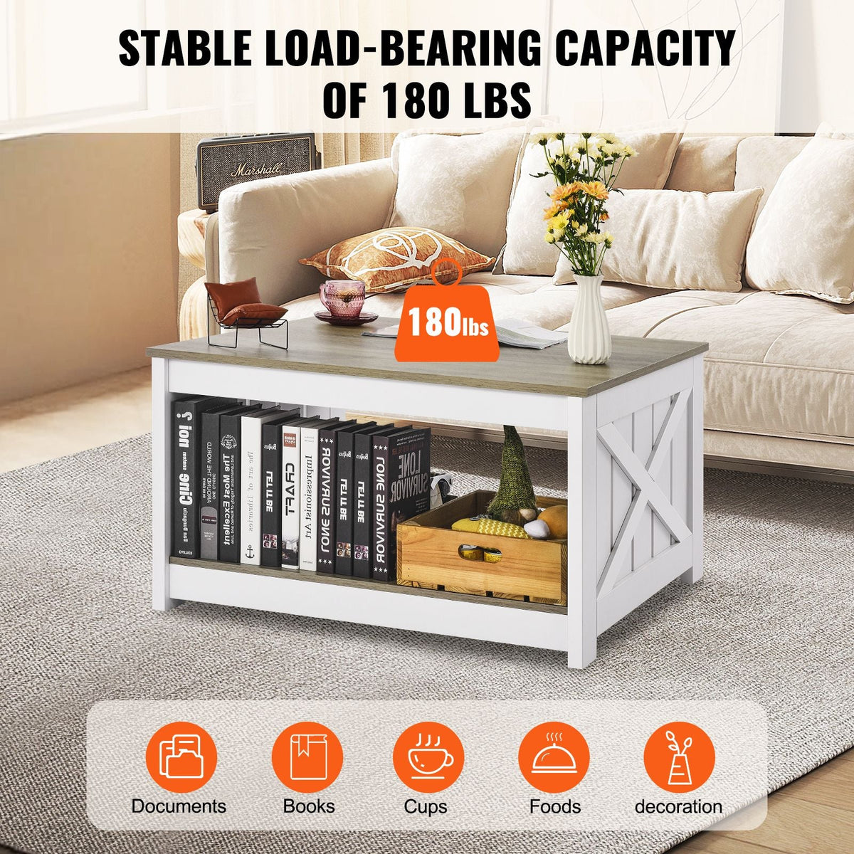 31.5" Farmhouse Coffee Table, Square Coffee Table with Open Storage Compartment, Wooden Rustic Cocktail Table for Living Room, Bedroom, Apartment, Studio, Gray & White