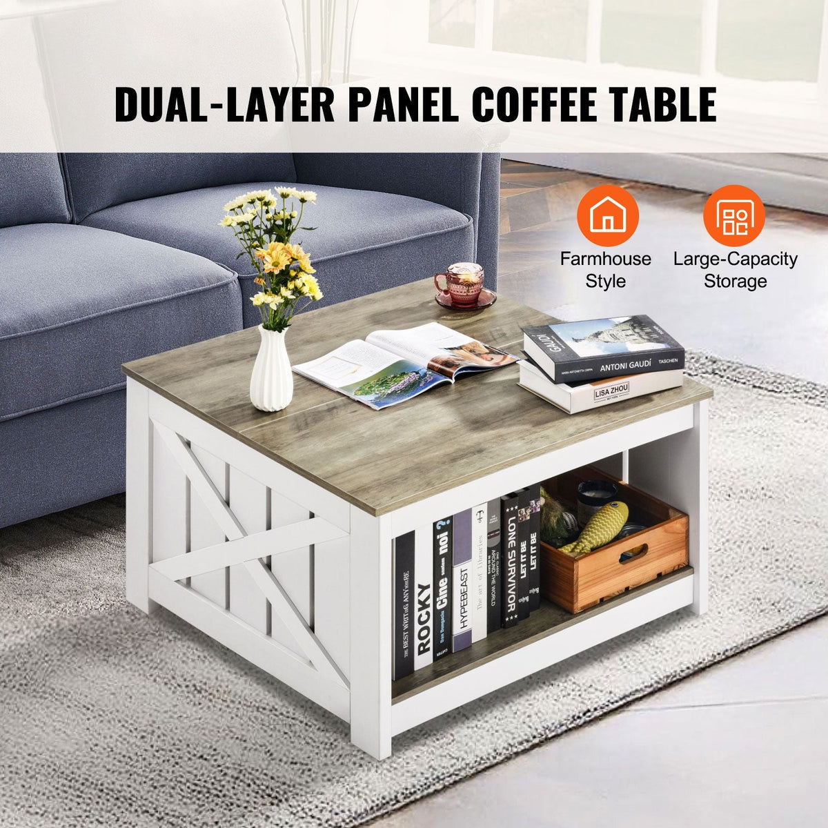 31.5" Farmhouse Coffee Table, Square Coffee Table with Open Storage Compartment, Wooden Rustic Cocktail Table for Living Room, Bedroom, Apartment, Studio, Gray & White
