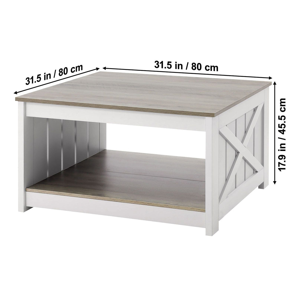 31.5" Farmhouse Coffee Table, Square Coffee Table with Open Storage Compartment, Wooden Rustic Cocktail Table for Living Room, Bedroom, Apartment, Studio, Gray & White