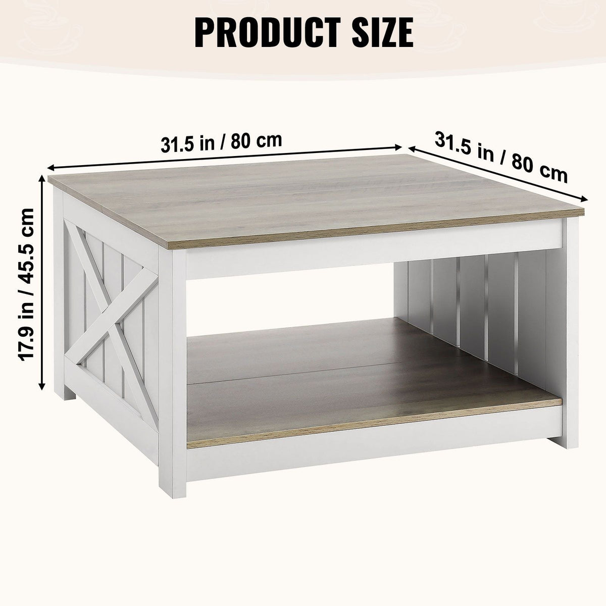 31.5" Farmhouse Coffee Table, Square Coffee Table with Open Storage Compartment, Wooden Rustic Cocktail Table for Living Room, Bedroom, Apartment, Studio, Gray & White