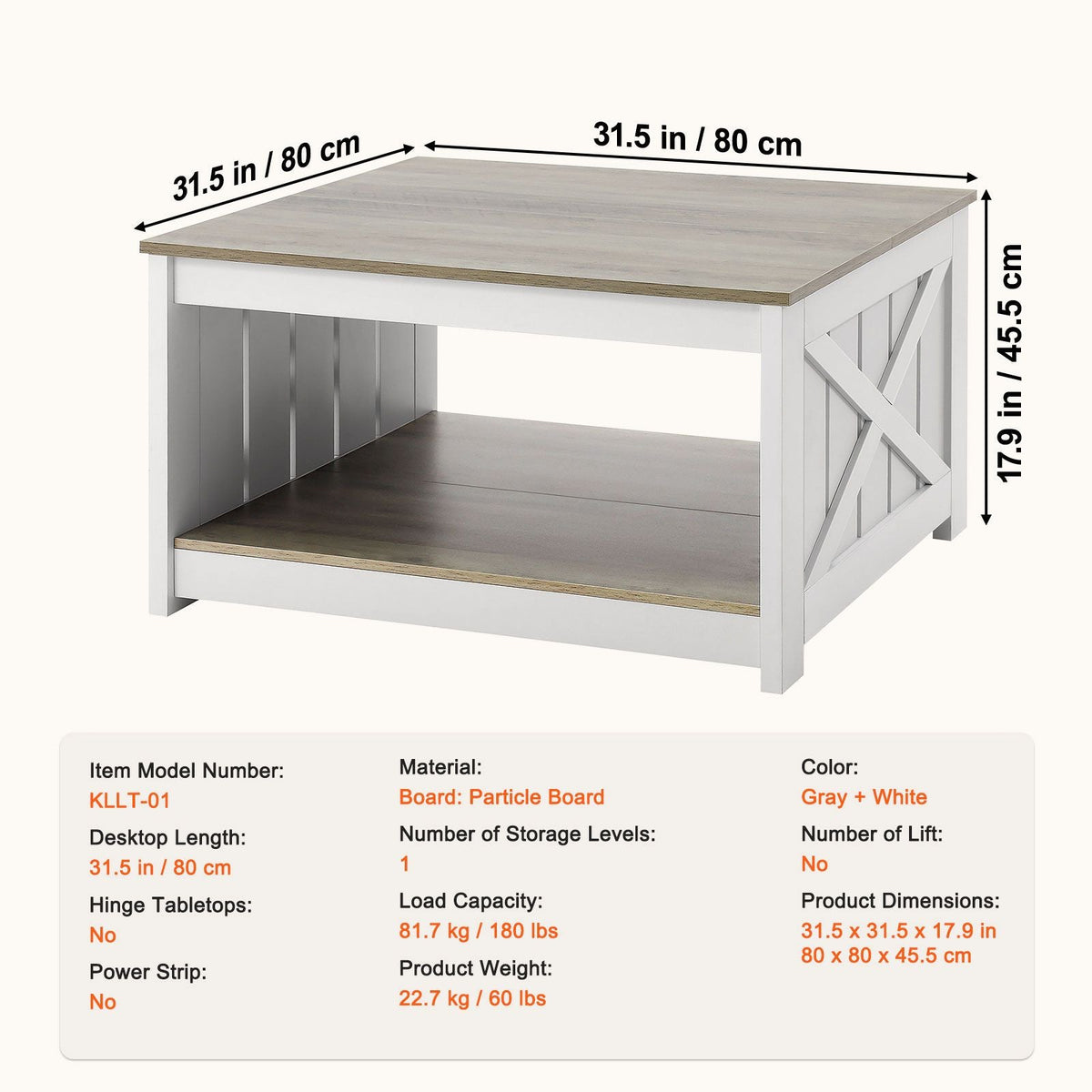 31.5" Farmhouse Coffee Table, Square Coffee Table with Open Storage Compartment, Wooden Rustic Cocktail Table for Living Room, Bedroom, Apartment, Studio, Gray & White