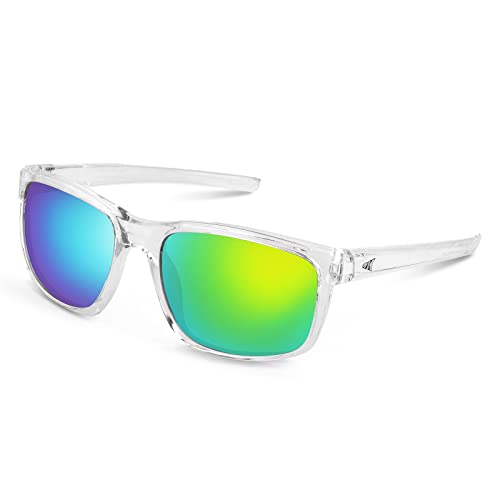 KastKing Toccoa Polarized Sport Sunglasses for Men and Women, Gloss Crystal Frame, Brown Base Green Mirror